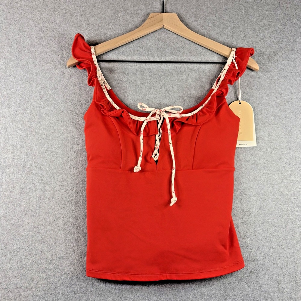 Blogilates Ruffle Lace Up Tie Tank Top Red Scoop Neck Stretch Yoga - Medium